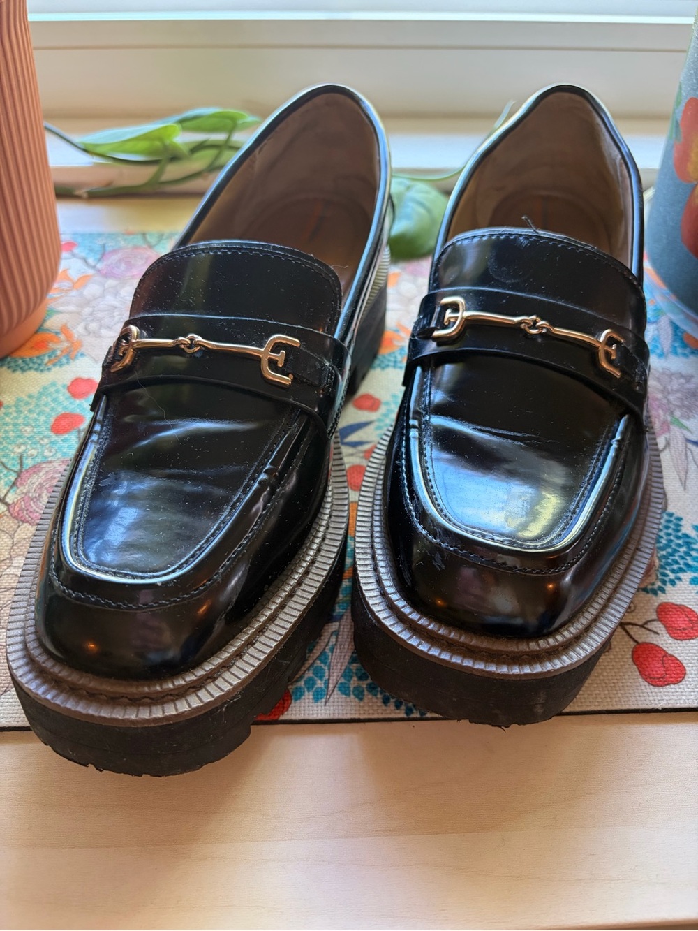 Sam Edelman Black Patent Loafers with Gold Bit